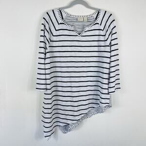 Chico's Top XL 3 16 Striped Asymmetric Hem 3/4 Sleeve Cotton Modal White Black
